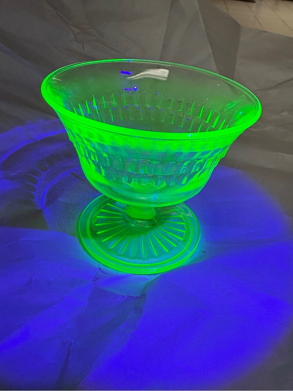 Vintage Uranium Vaseline Glass Roulette Pattern Sherbet Cup 3 1/2 inches.